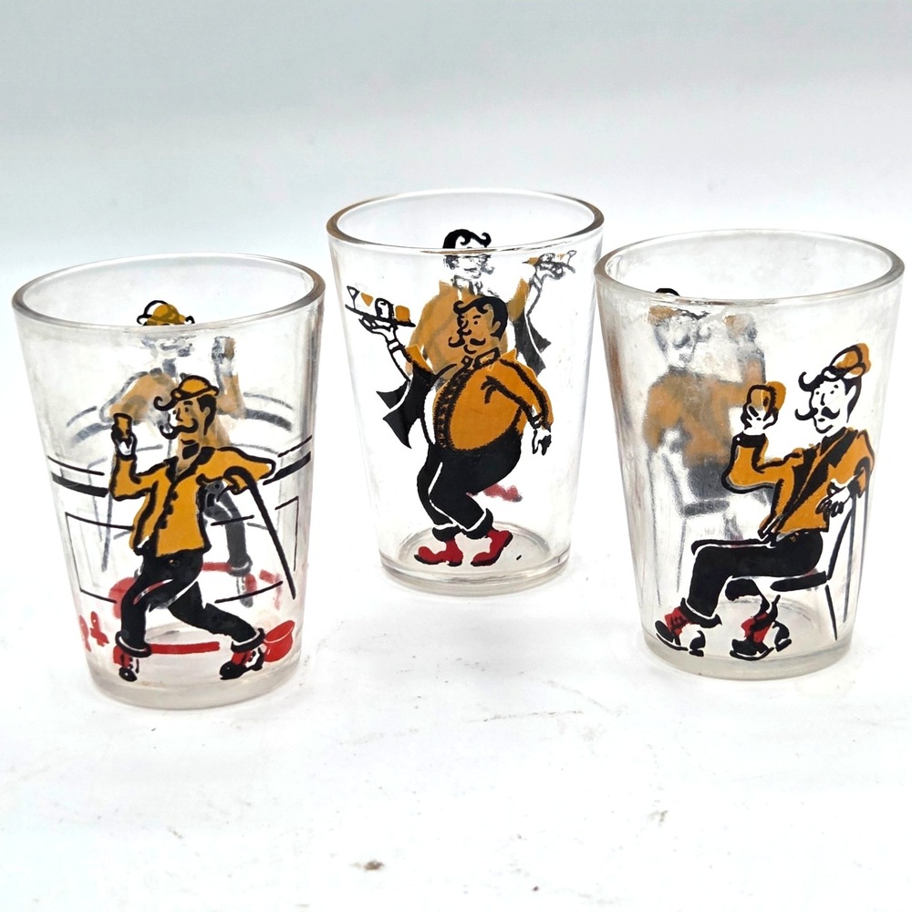 Hazel Atlas Shot Glasses Set of 3 VINTAGE 1950s French Bar Gentlemen